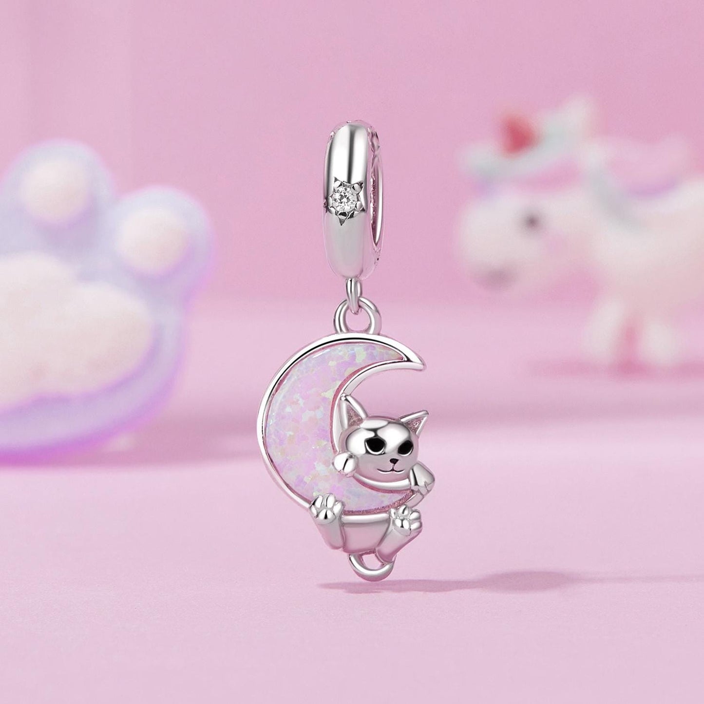 Opal Moon Cat Pendant Charm
