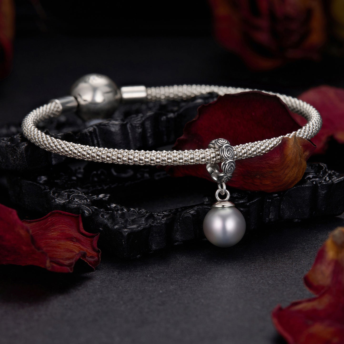 Midnight Rose Black Pearl Pendant Charm
