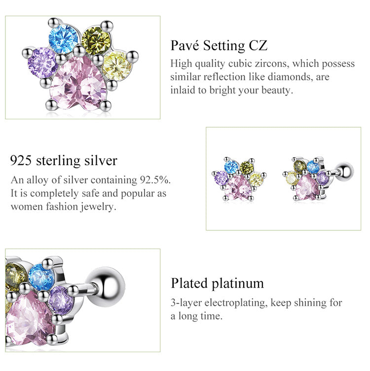 Colorful Cubic Zirconia Paw Stud Earrings