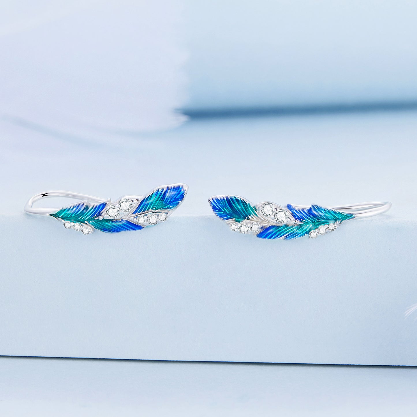 Blue Feather Drop Earrings
