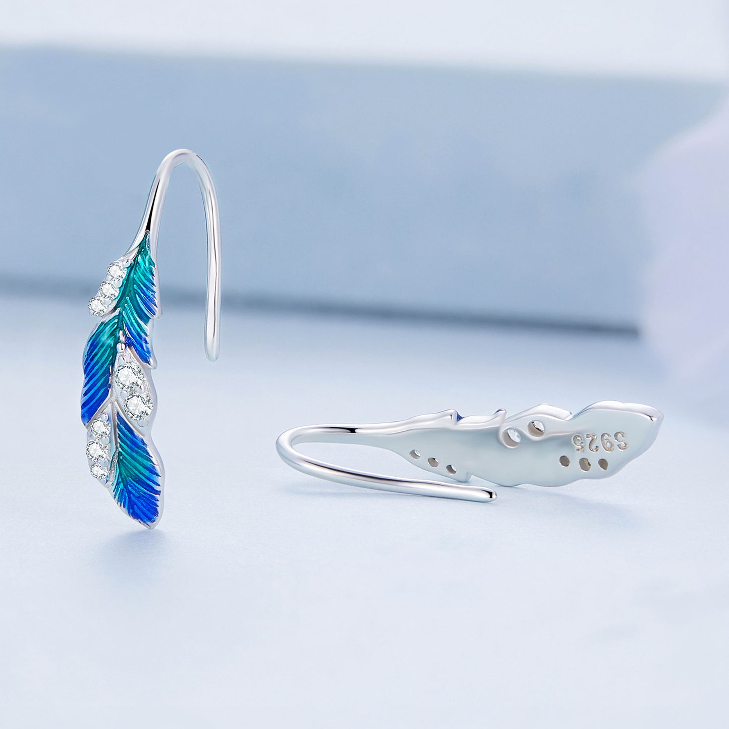 Blue Feather Drop Earrings