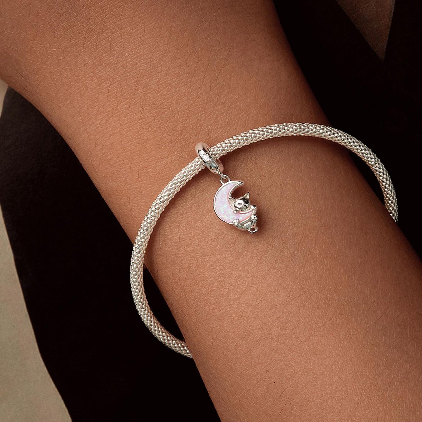 Opal Moon Cat Pendant Charm