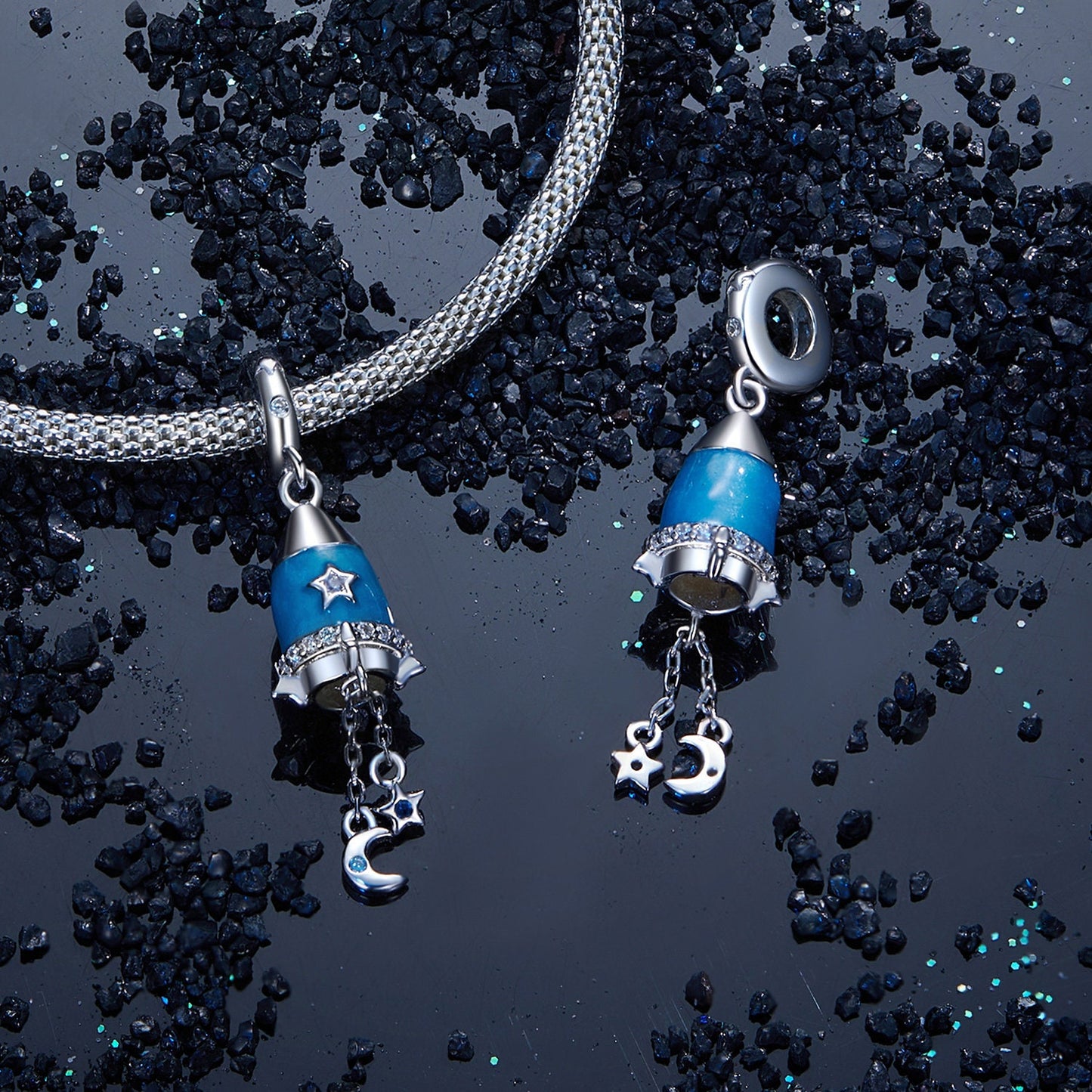Moon-Star Rocket Pendant Charm