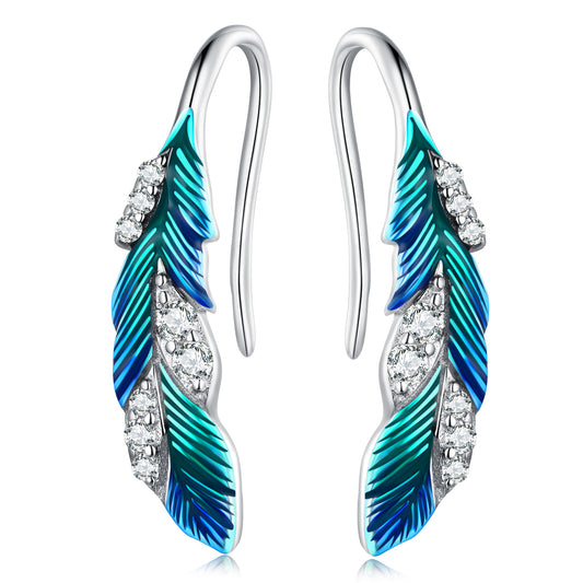 Blue Feather Drop Earrings