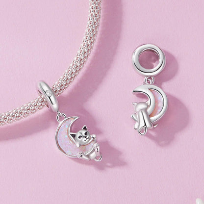 Opal Moon Cat Pendant Charm