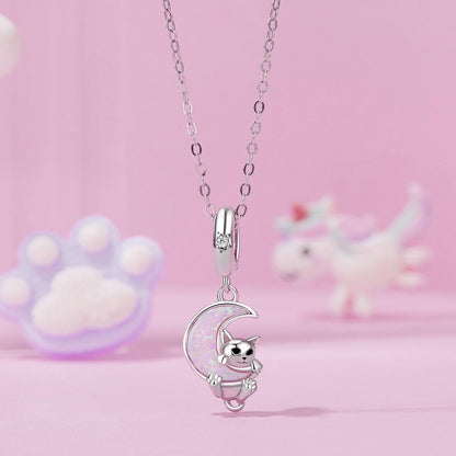 Opal Moon Cat Pendant Charm