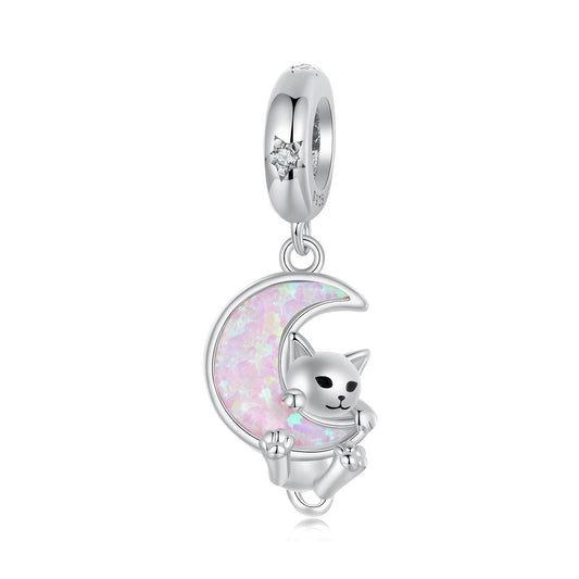 Opal Moon Cat Pendant Charm